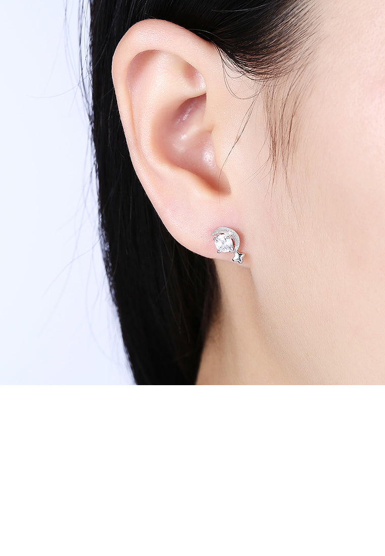 925 Sterling Silver Simple Mini Elegant Exquisite Star and Moon Earrings and Ear Studs with Cubic Zircon
