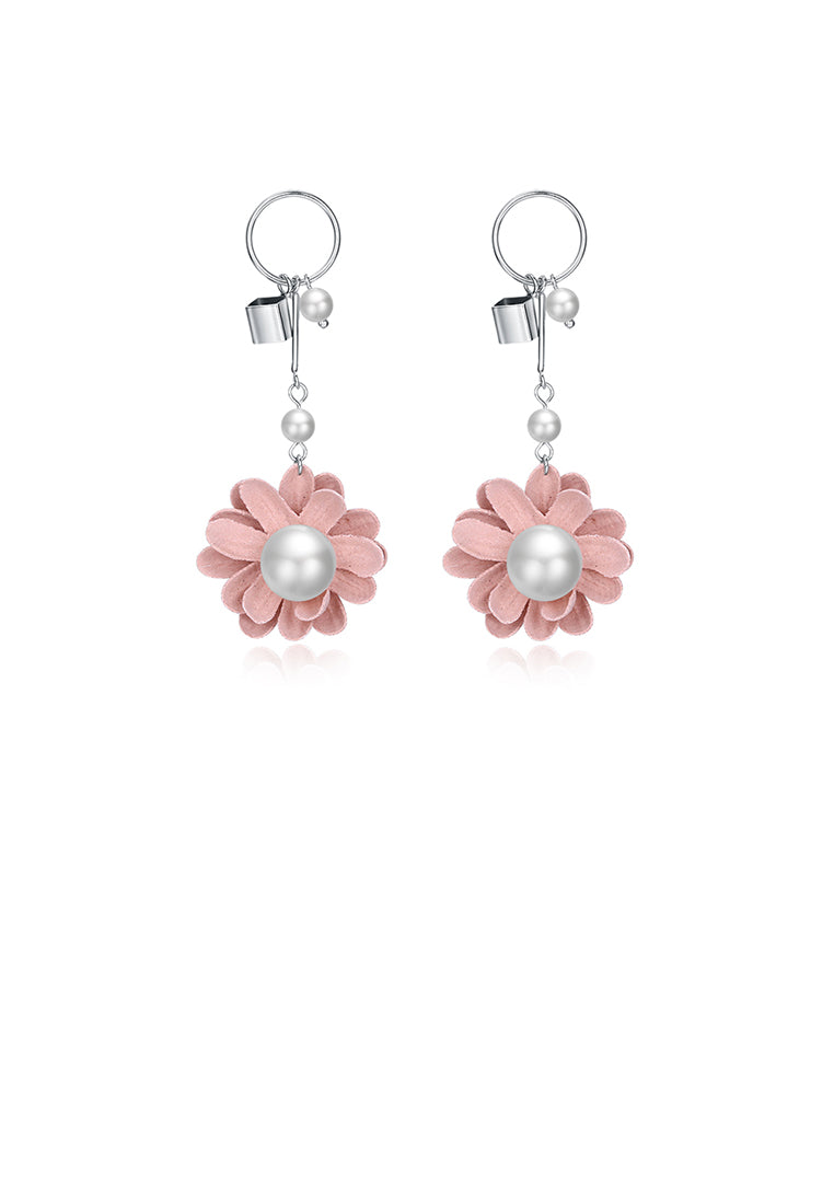 925 Sterling Silver Elegant Romantic Sweet Fashion Pink Flower and Petals Earrings with Lmitation Pearl - Luxurious Look - Vibrant Color