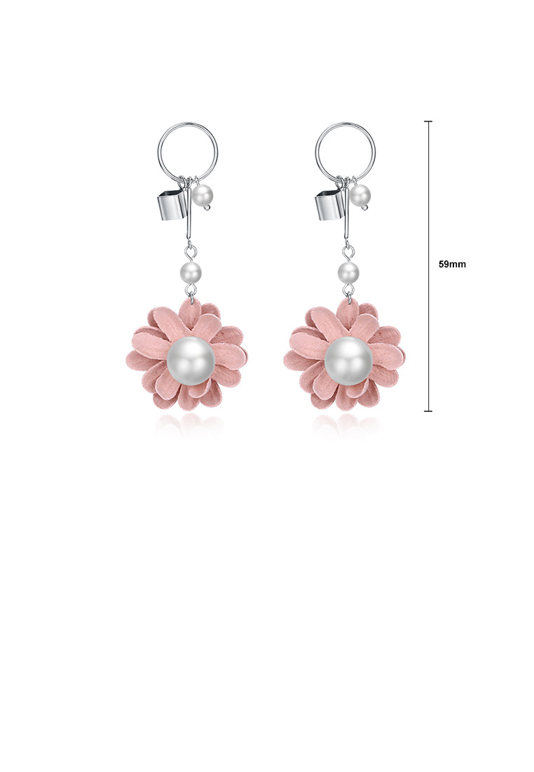 925 Sterling Silver Elegant Romantic Sweet Fashion Pink Flower and Petals Earrings with Lmitation Pearl - Luxurious Look - Vibrant Color
