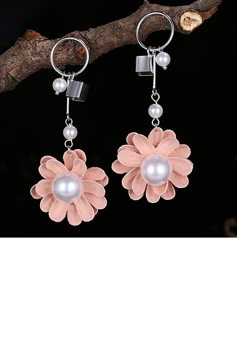 925 Sterling Silver Elegant Romantic Sweet Fashion Pink Flower and Petals Earrings with Lmitation Pearl - Luxurious Look - Vibrant Color