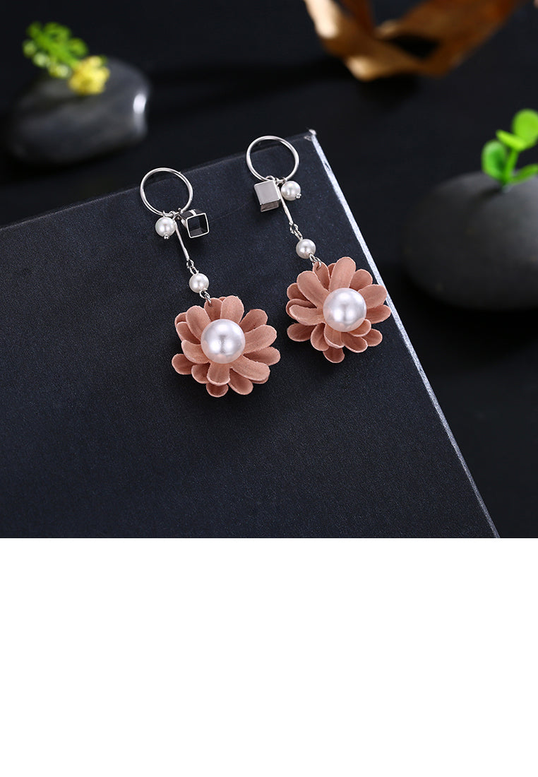 925 Sterling Silver Elegant Romantic Sweet Fashion Pink Flower and Petals Earrings with Lmitation Pearl - Luxurious Look - Vibrant Color