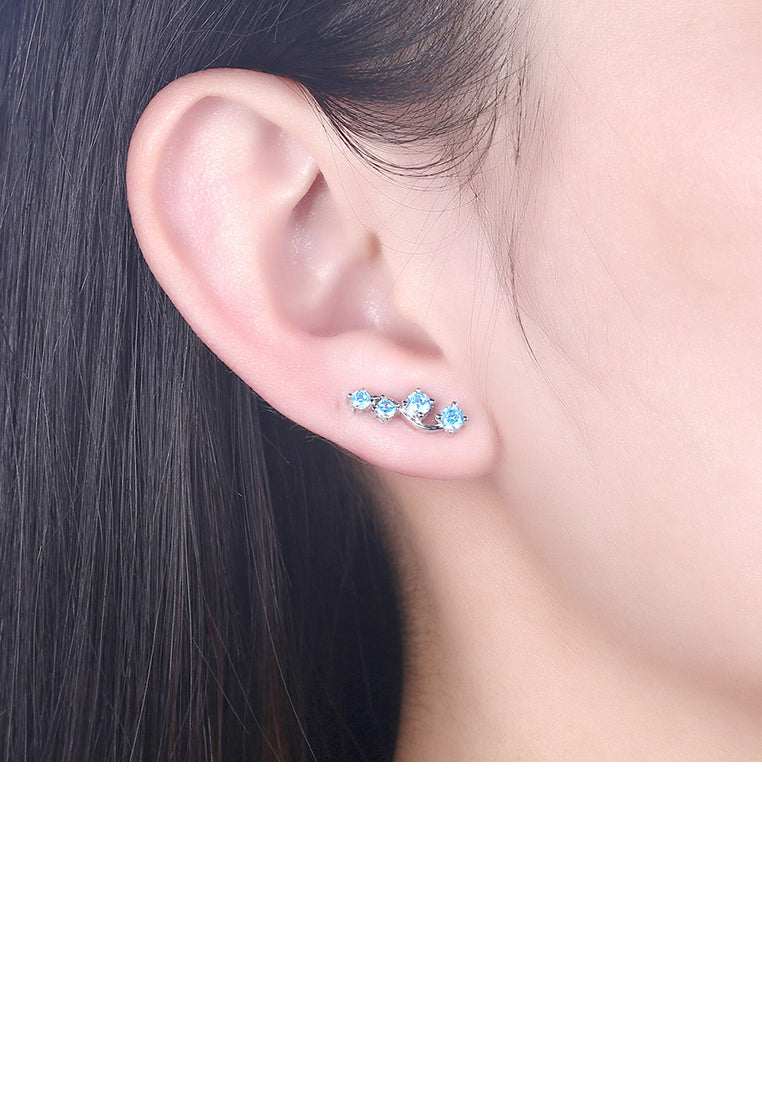 925 Sterling Silver Simple Earrings with Blue Cubic Zirconia - Luxurious Look