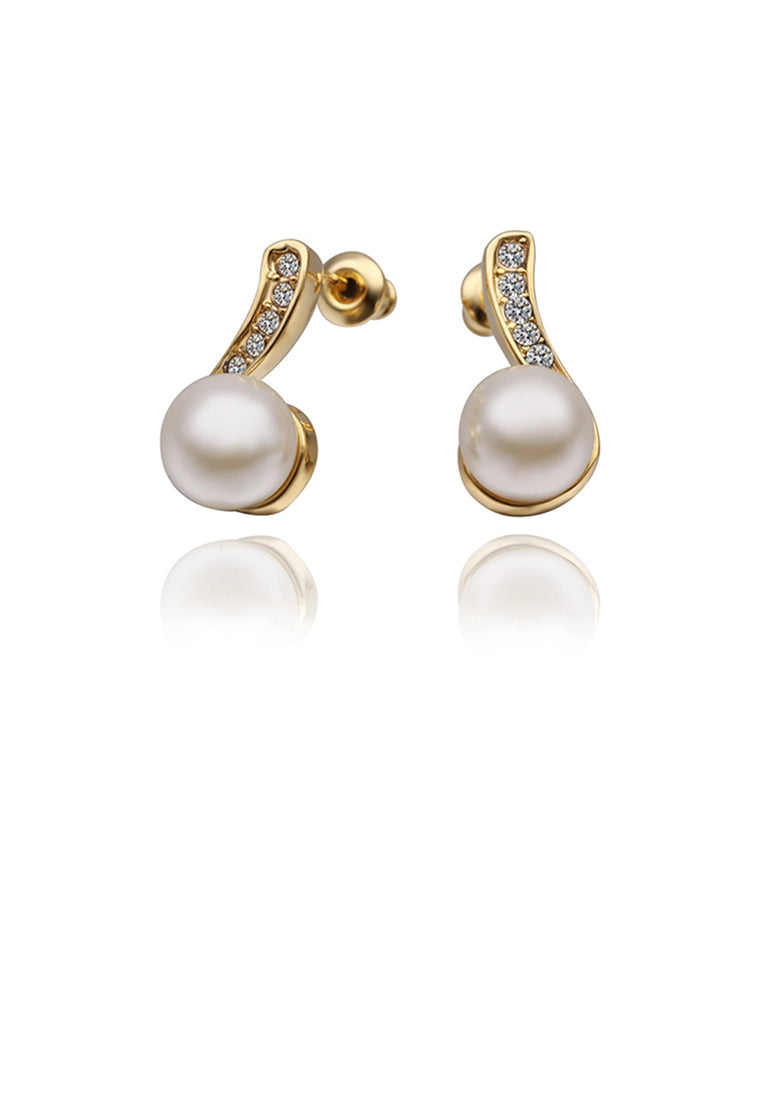 Elegant Plated Gold Round Pearl Earrings with Austrian Element Crystal - Luxurious Look