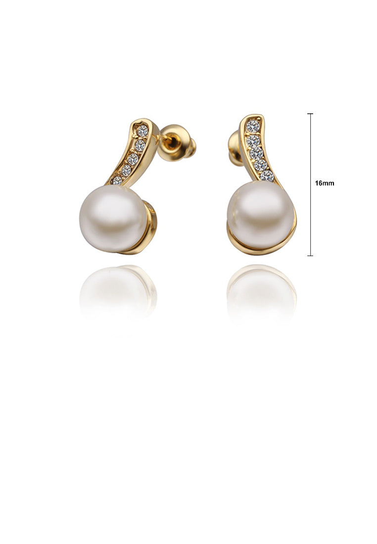 Elegant Plated Gold Round Pearl Earrings with Austrian Element Crystal - Luxurious Look