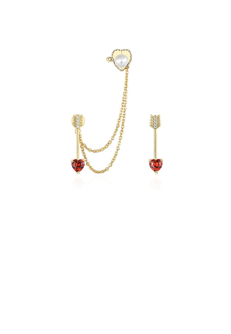 Fashion Simple Plated Gold Love Arrow Asymmetric Earrings with Red Cubic Zircon - Vibrant Color