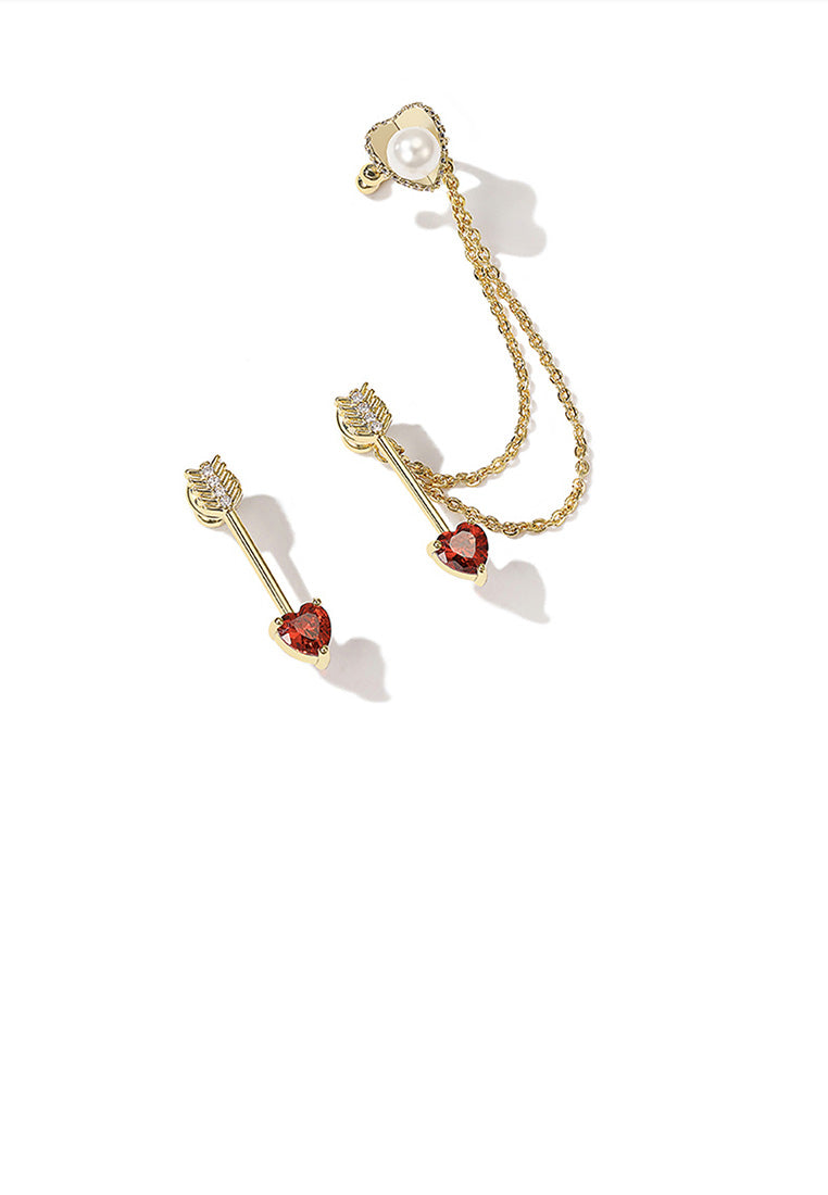 Fashion Simple Plated Gold Love Arrow Asymmetric Earrings with Red Cubic Zircon - Vibrant Color