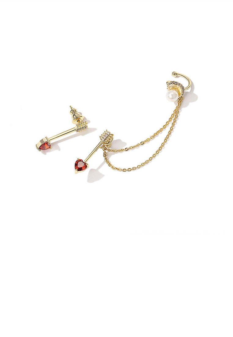 Fashion Simple Plated Gold Love Arrow Asymmetric Earrings with Red Cubic Zircon - Vibrant Color