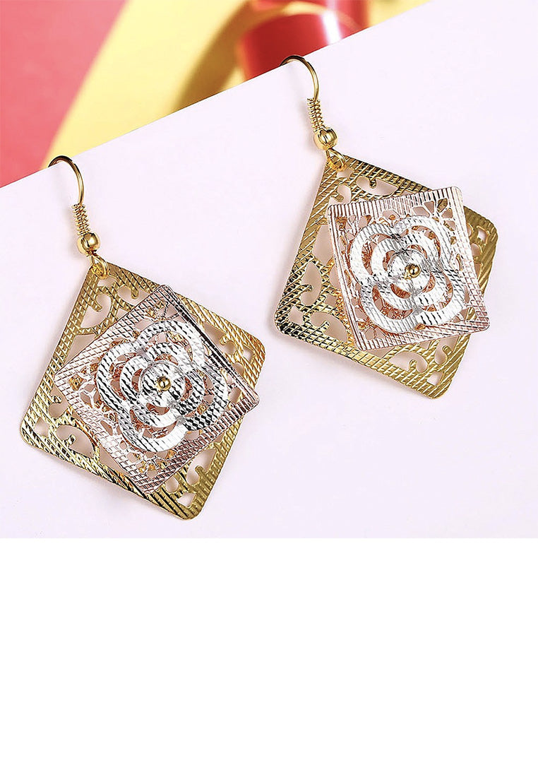 Fashion Elegant Plated Gold Hollow Flower Geometric Earrings