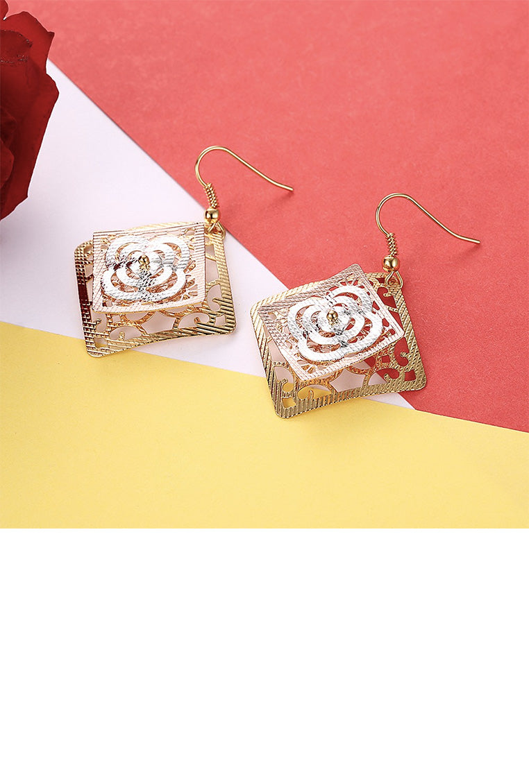 Fashion Elegant Plated Gold Hollow Flower Geometric Earrings
