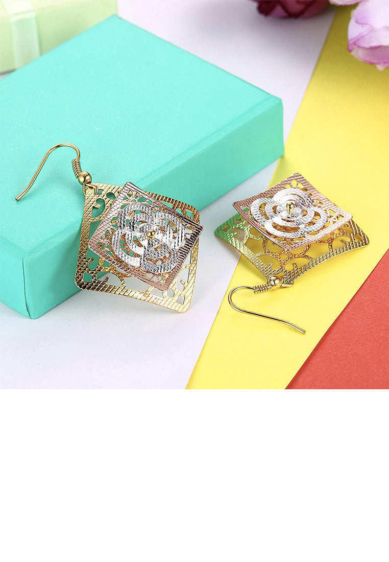 Fashion Elegant Plated Gold Hollow Flower Geometric Earrings