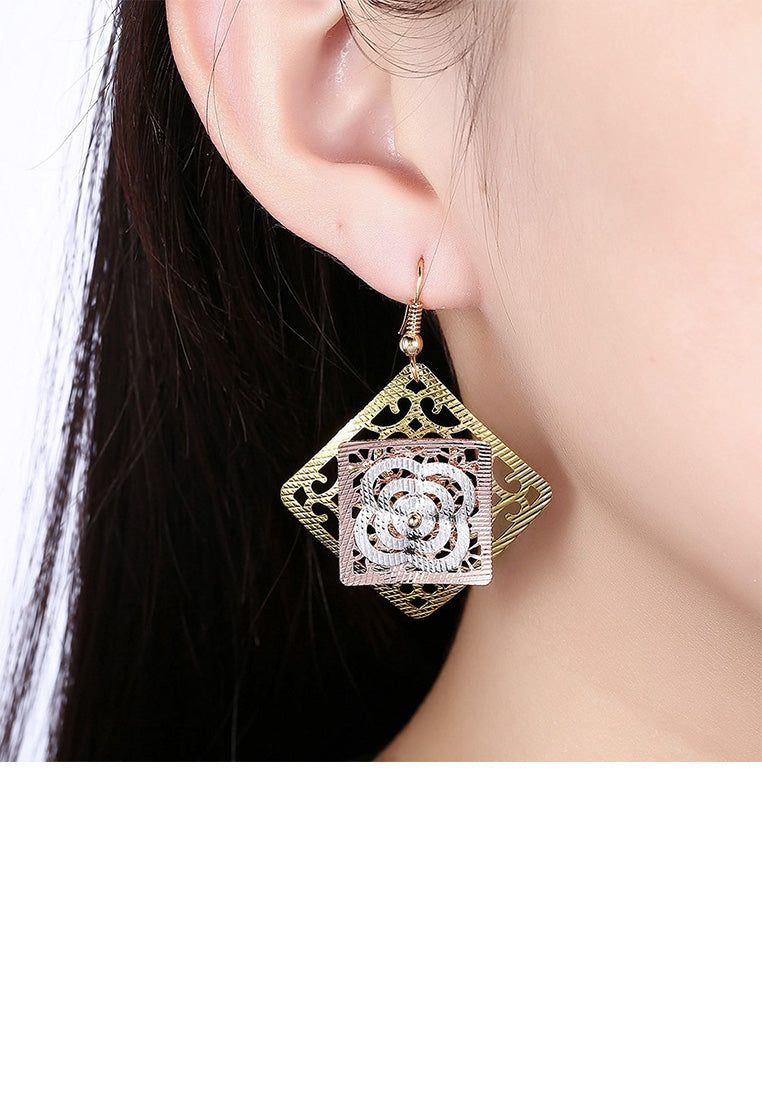 Fashion Elegant Plated Gold Hollow Flower Geometric Earrings
