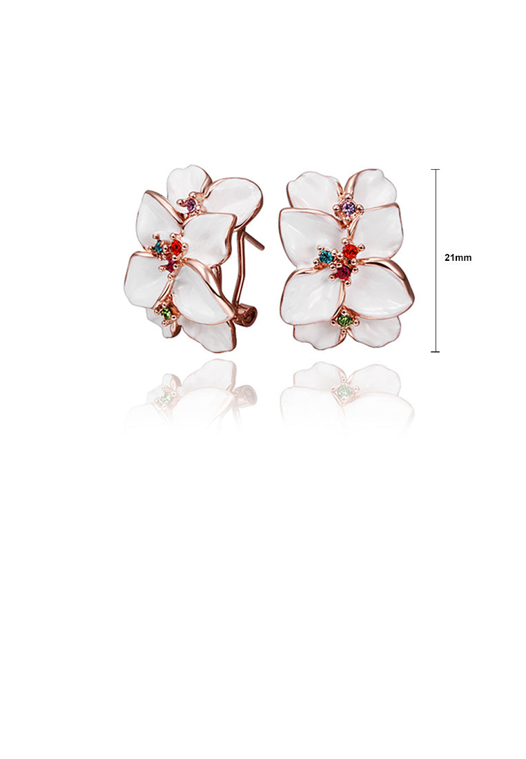 Fashion Elegant Plated Rose Gold White Flower Stud Earrings with Cubic Zircon