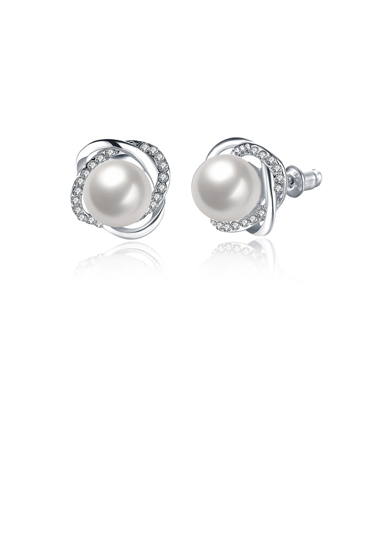 Elegant and Fashion Flower Pearl Stud Earrings with Austrian Element Crystal - Luxurious Look