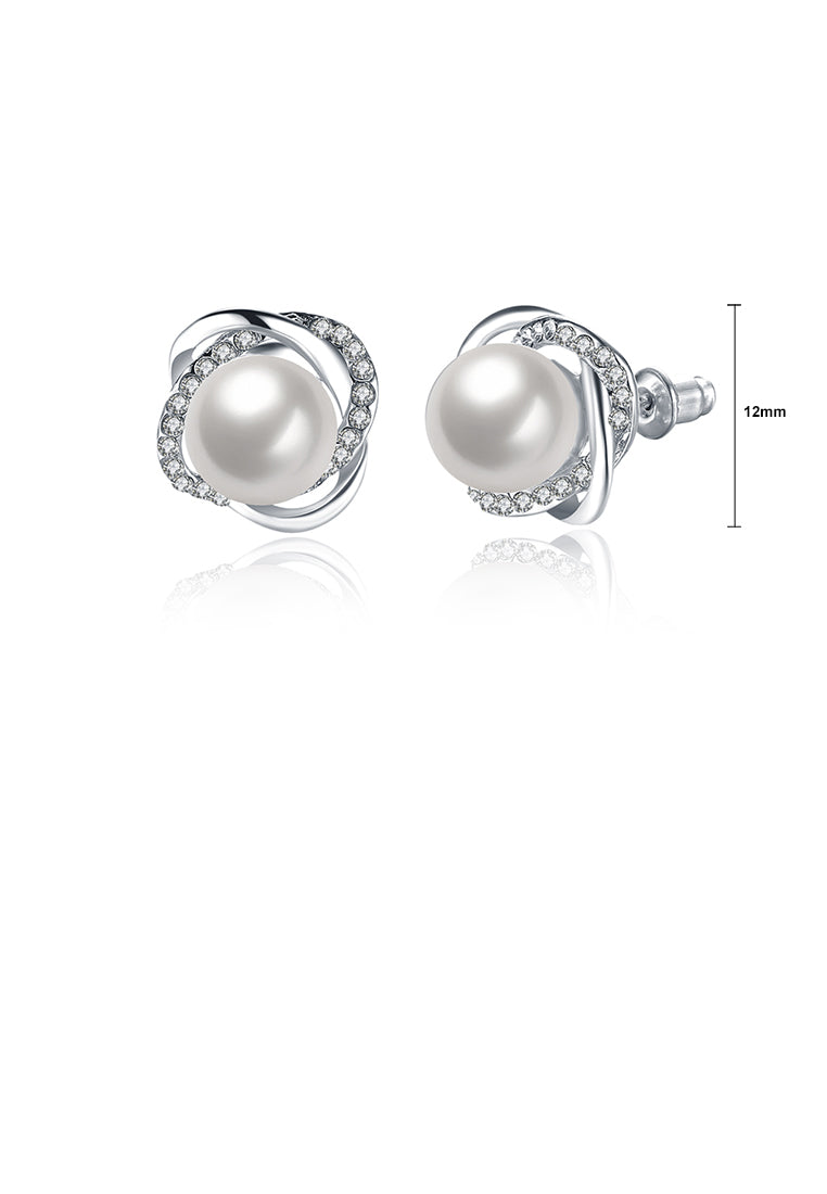 Elegant and Fashion Flower Pearl Stud Earrings with Austrian Element Crystal - Luxurious Look