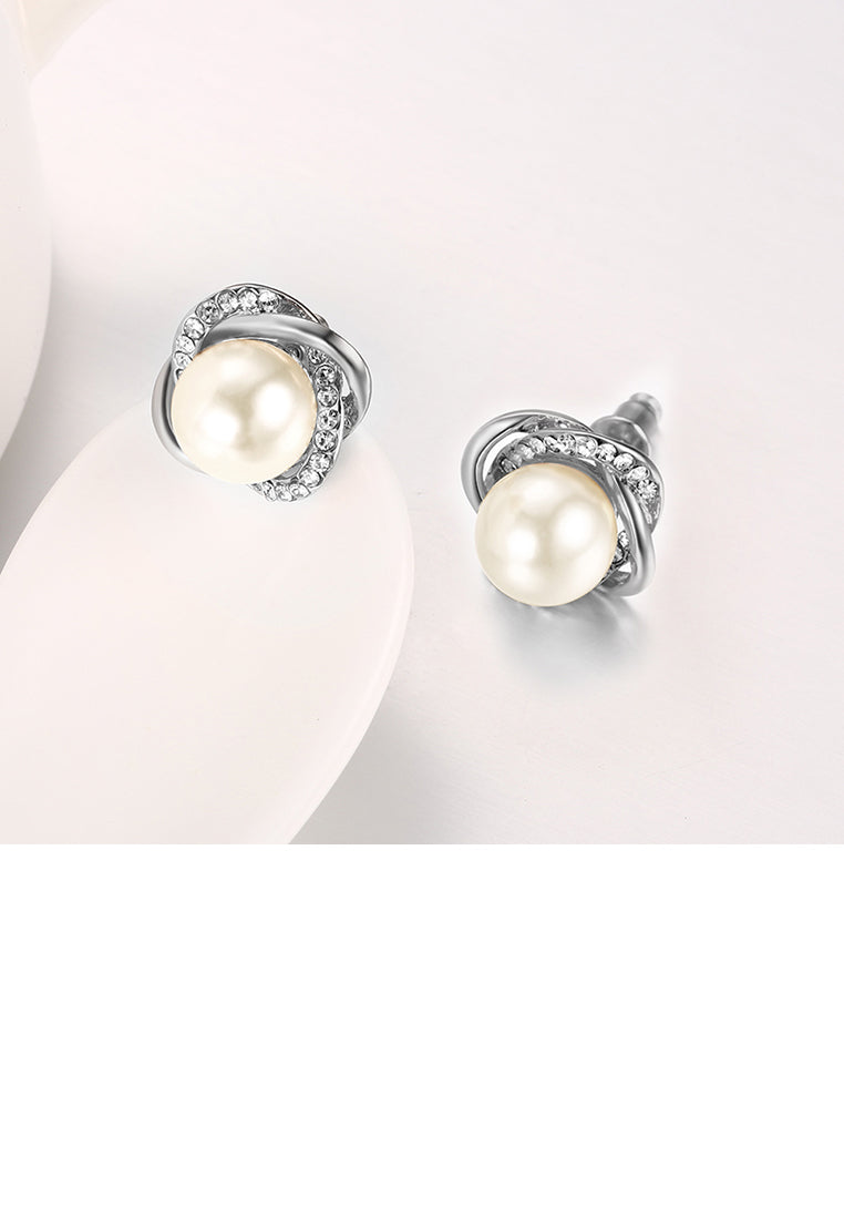Elegant and Fashion Flower Pearl Stud Earrings with Austrian Element Crystal - Luxurious Look