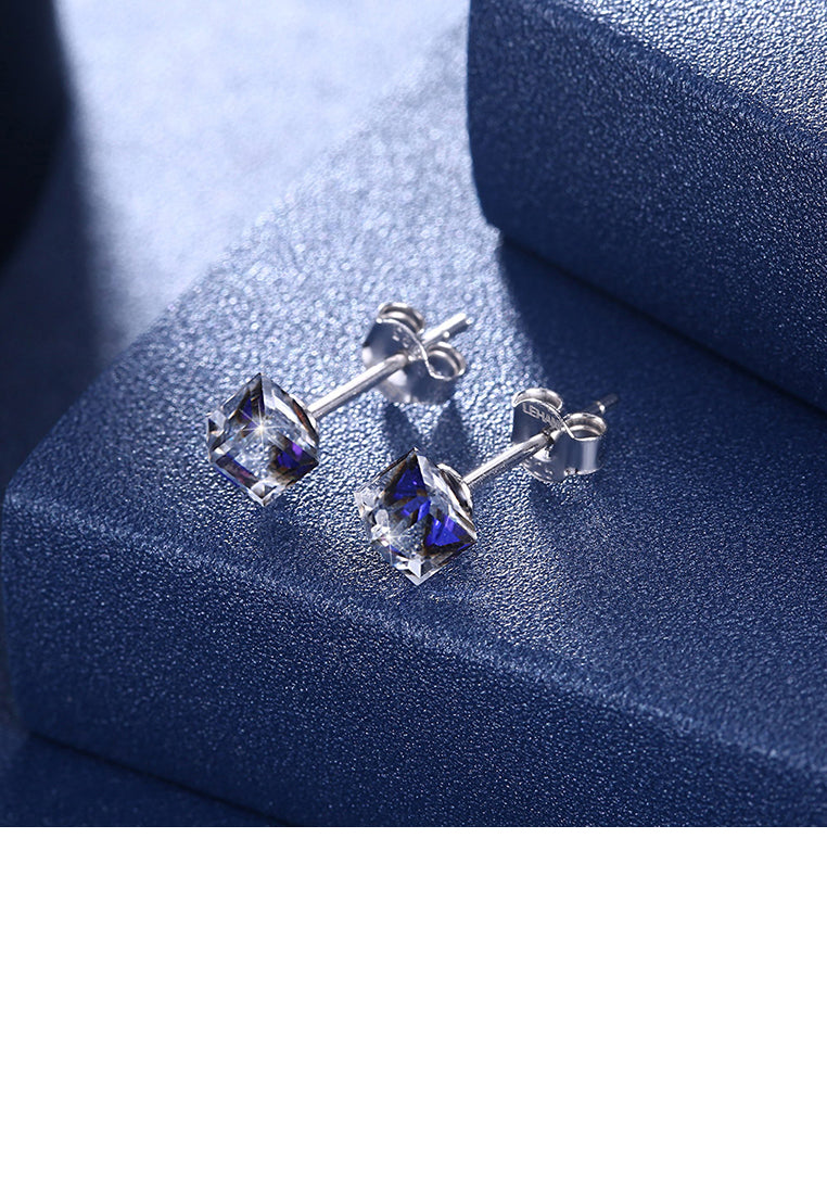 925 Sterling Silver Simple Geometric Square Light Blue Austrian Element Crystal Stud Earrings
