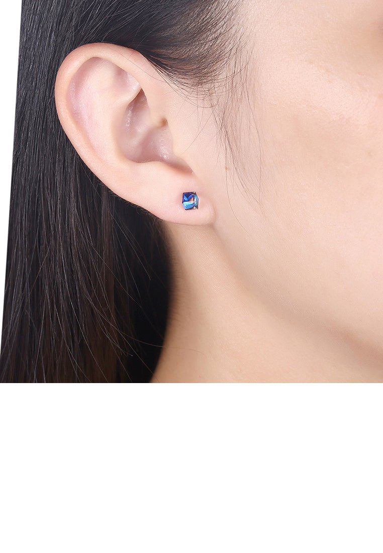925 Sterling Silver Simple Geometric Square Light Blue Austrian Element Crystal Stud Earrings