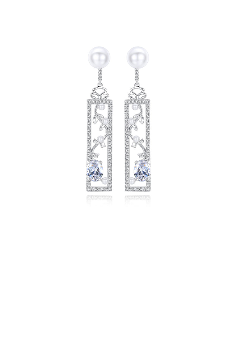 Elegant and Fashion Geometric Leaf Rectangular Imitation Pearl Earrings with Cubic Zirconia - Luxurious Look