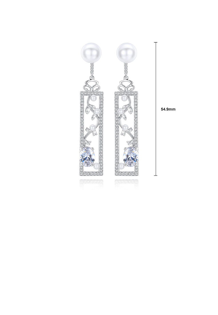 Elegant and Fashion Geometric Leaf Rectangular Imitation Pearl Earrings with Cubic Zirconia - Luxurious Look