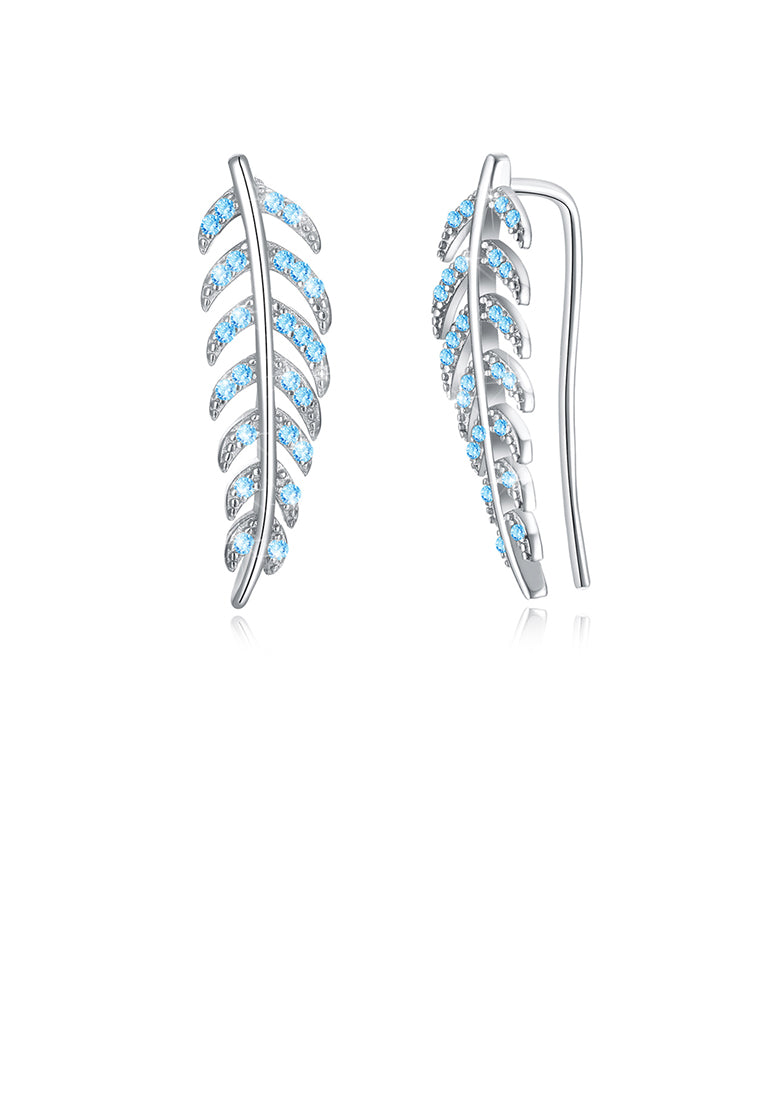 925 Sterling Silver Elegant Leaf Earrings with Blue Austrian Element Crystal