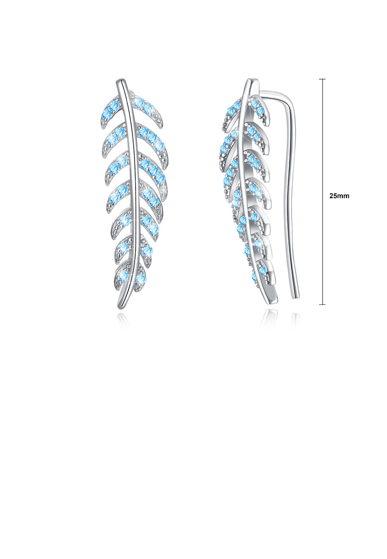 925 Sterling Silver Elegant Leaf Earrings with Blue Austrian Element Crystal