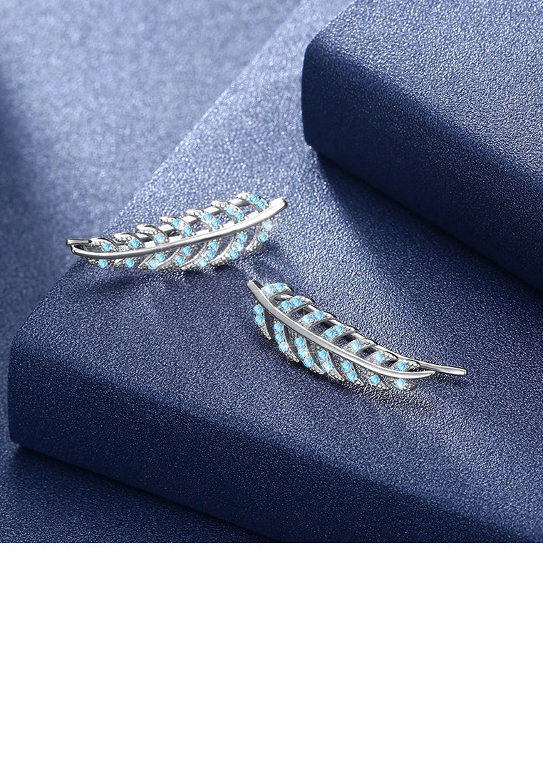 925 Sterling Silver Elegant Leaf Earrings with Blue Austrian Element Crystal