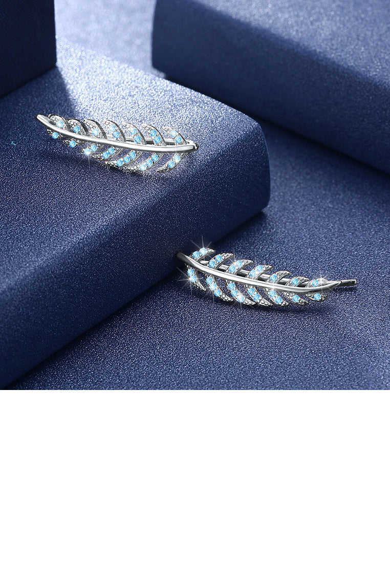 925 Sterling Silver Elegant Leaf Earrings with Blue Austrian Element Crystal