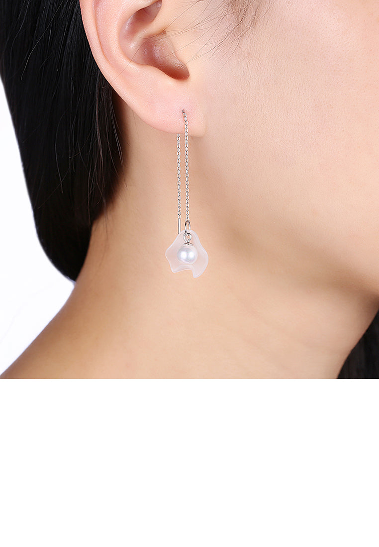 925 Sterling Silver Elegant Fashion Whit Long Shell Pearl Earrings and Ear Wire - Luxurious Look