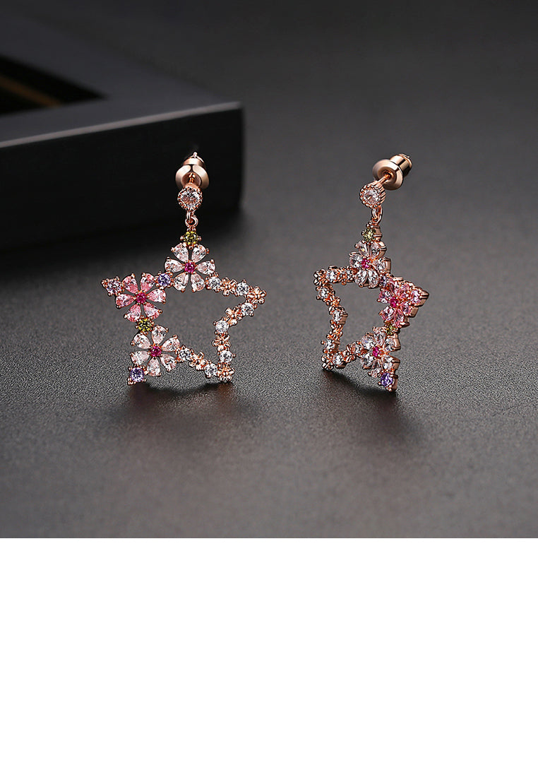 Simple and Fashion Plated Rose Gold Star Flower Earrings with Cubic Zirconia - Luxurious Look