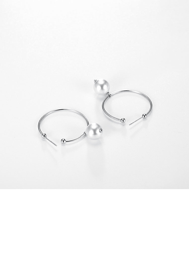 925 Sterling Silver Elegant Fashion Circle Earrings with Whit Pearl - Luxurious Look