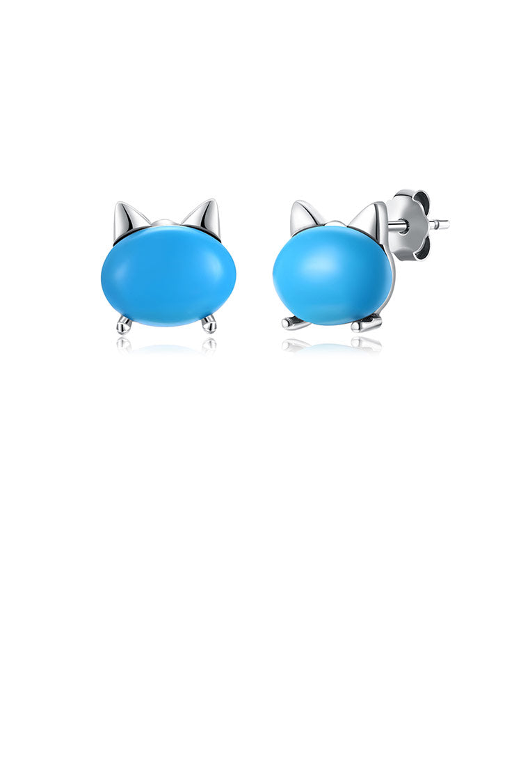 925 Sterling Silver Simple Cat Turquoise Stud Earrings