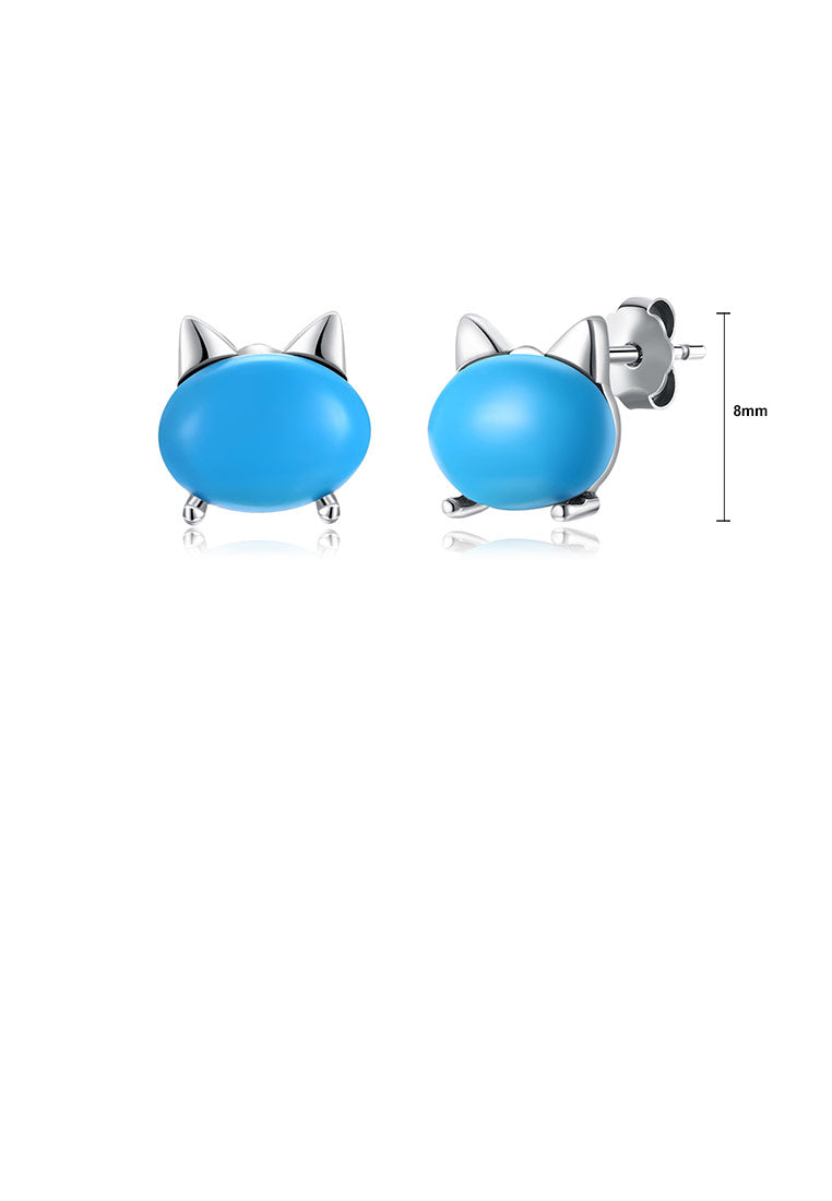 925 Sterling Silver Simple Cat Turquoise Stud Earrings