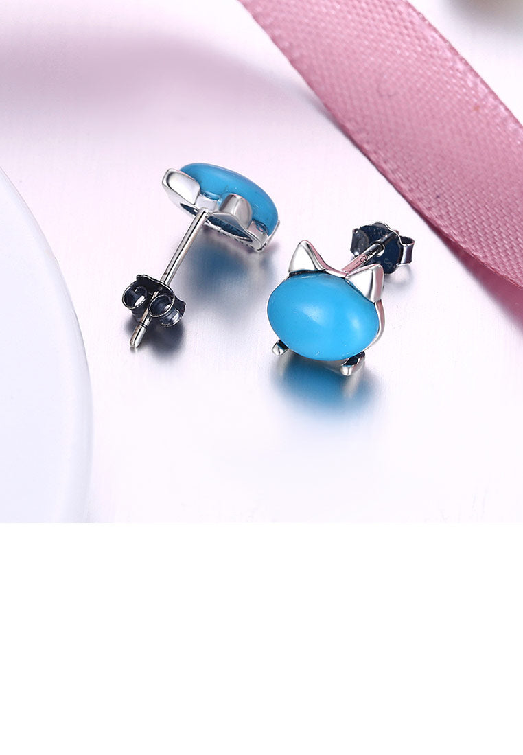 925 Sterling Silver Simple Cat Turquoise Stud Earrings