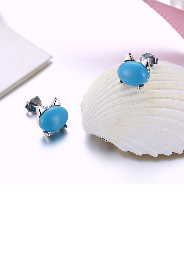 925 Sterling Silver Simple Cat Turquoise Stud Earrings
