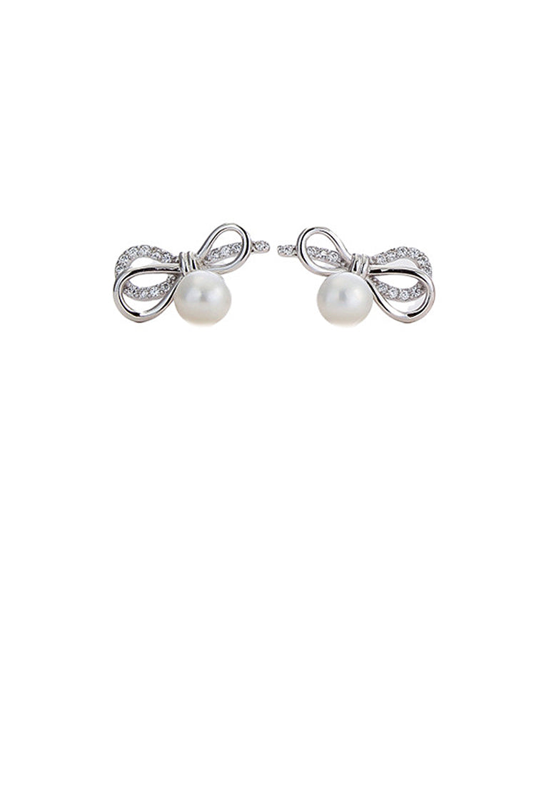 925 Sterling Silver Fashion Simple Ribbon White Freshwater Pearl Stud Earrings with Cubic Zirconia - Luxurious Look