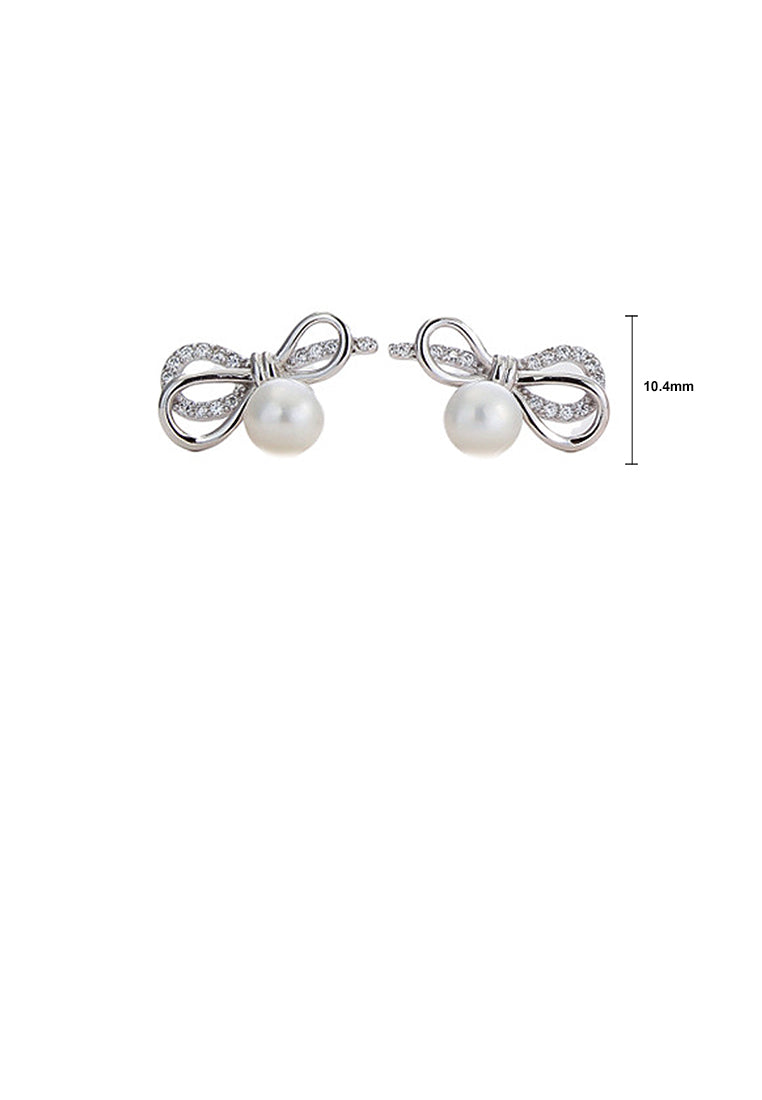 925 Sterling Silver Fashion Simple Ribbon White Freshwater Pearl Stud Earrings with Cubic Zirconia - Luxurious Look