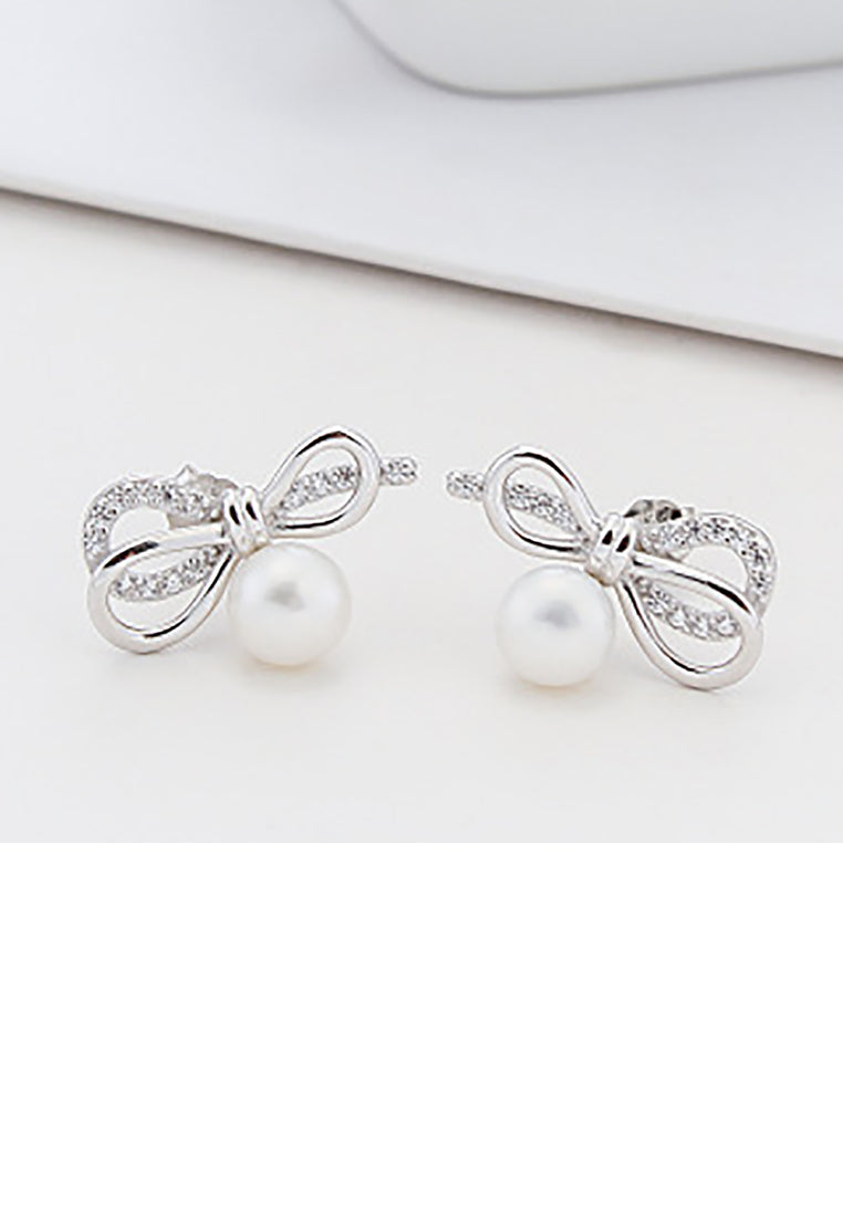 925 Sterling Silver Fashion Simple Ribbon White Freshwater Pearl Stud Earrings with Cubic Zirconia - Luxurious Look