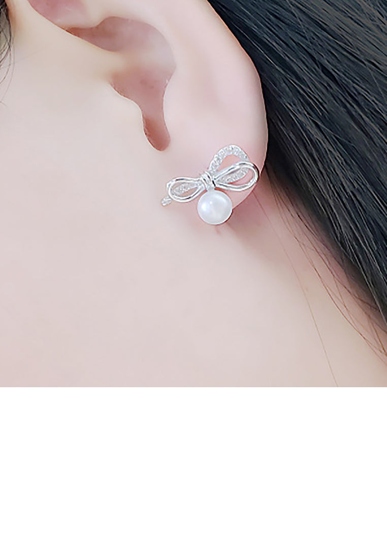 925 Sterling Silver Fashion Simple Ribbon White Freshwater Pearl Stud Earrings with Cubic Zirconia - Luxurious Look