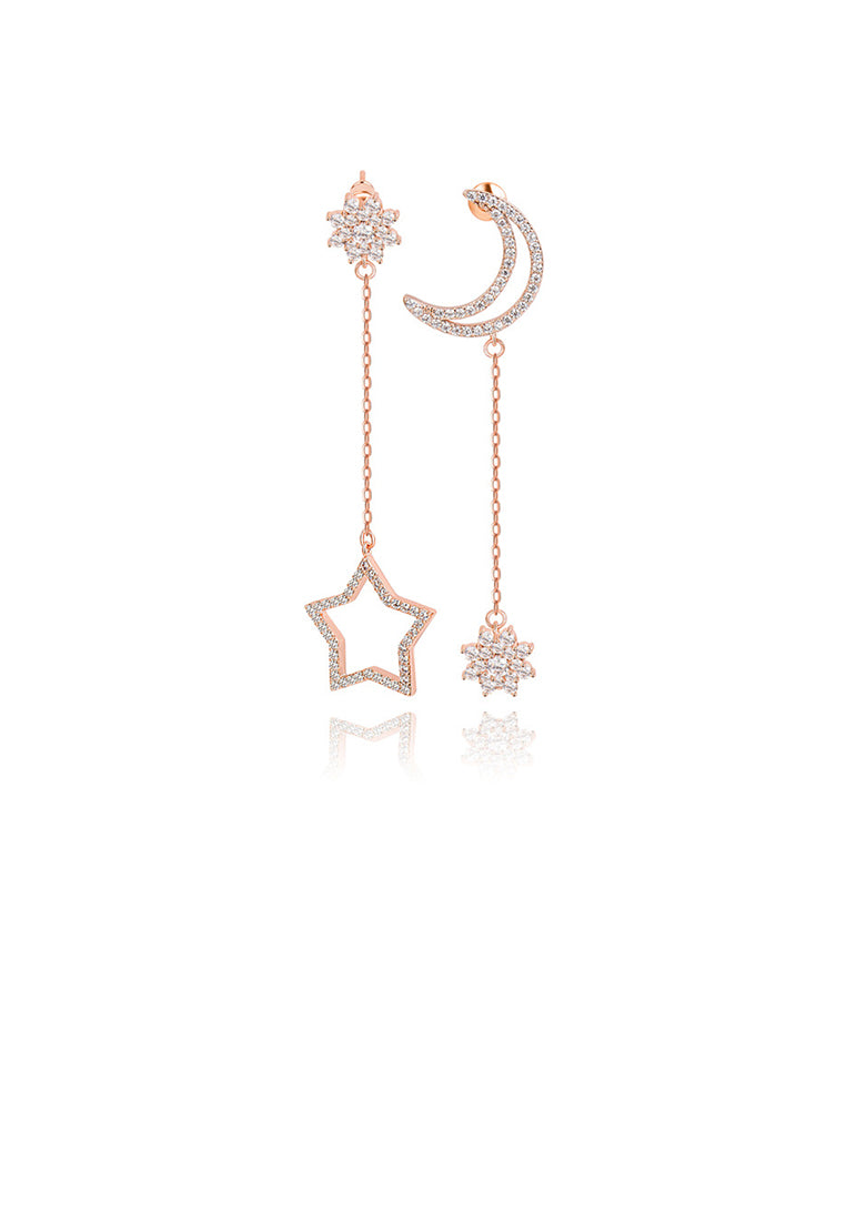 Fashion Simple Plated Rose Gold Moon Star Tassel Asymmetric Earrings with Cubic Zirconia - Luxurious Look