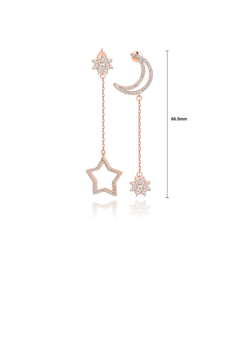 Fashion Simple Plated Rose Gold Moon Star Tassel Asymmetric Earrings with Cubic Zirconia - Luxurious Look