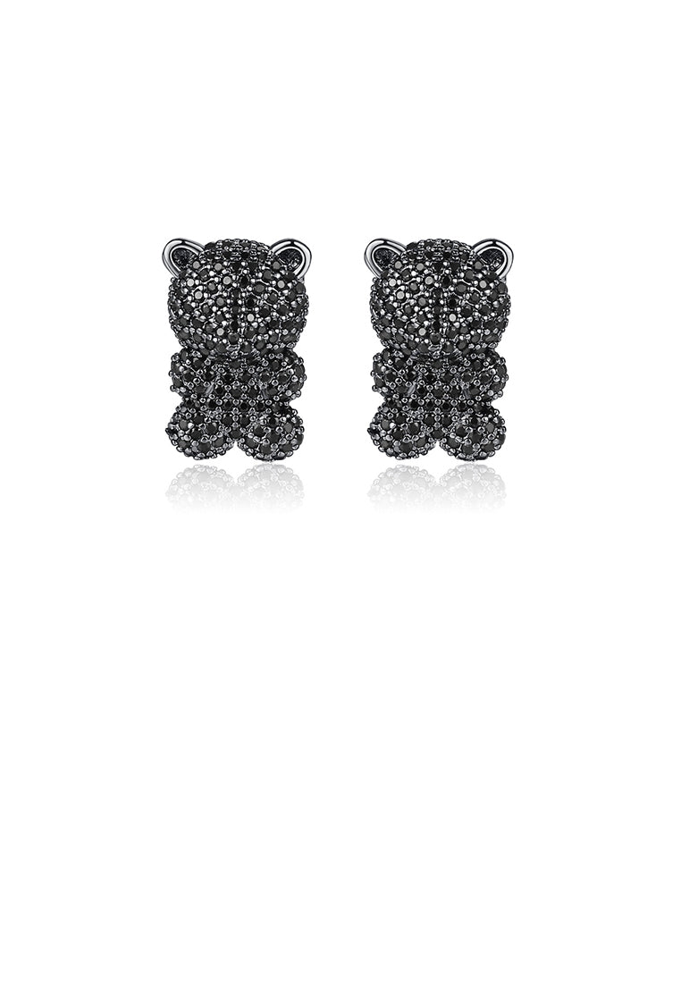 Simple and Cute Plated Black Bear Stud Earrings with Black Cubic Zirconia - Luxurious Look