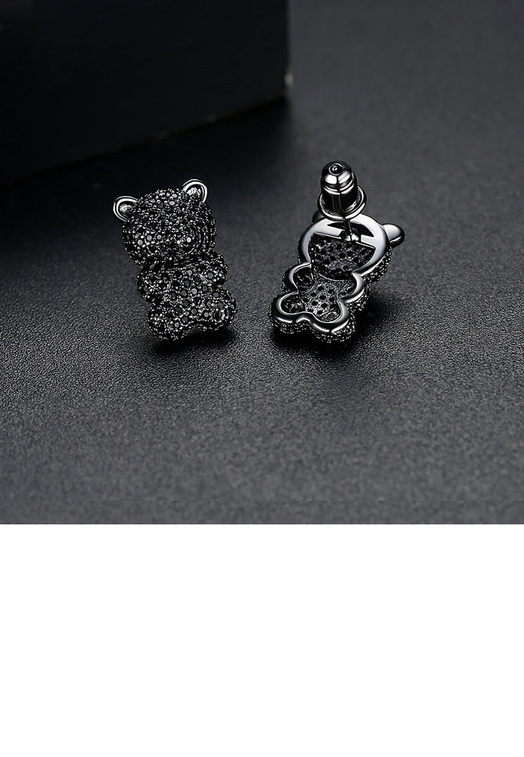 Simple and Cute Plated Black Bear Stud Earrings with Black Cubic Zirconia - Luxurious Look