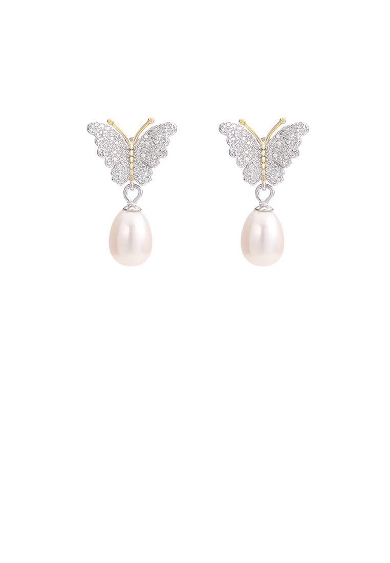 925 Sterling Silver Fashion and Elegant Butterfly Freshwater Pearl Stud Earrings with Cubic Zirconia - Luxurious Look