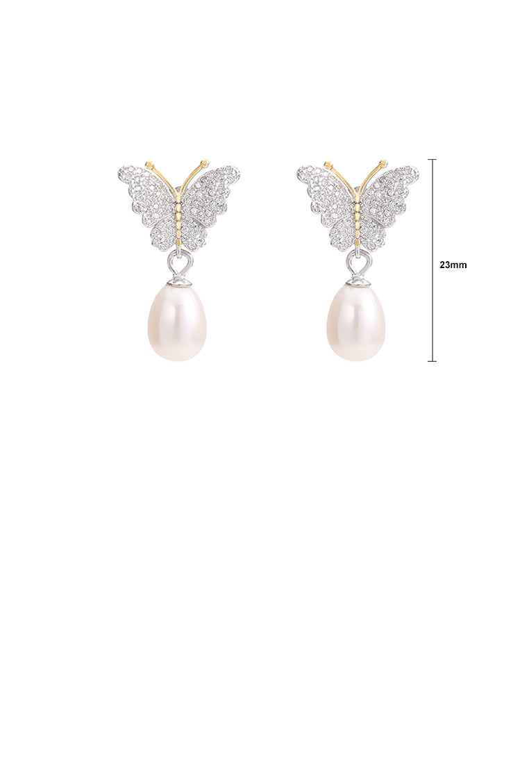 925 Sterling Silver Fashion and Elegant Butterfly Freshwater Pearl Stud Earrings with Cubic Zirconia - Luxurious Look