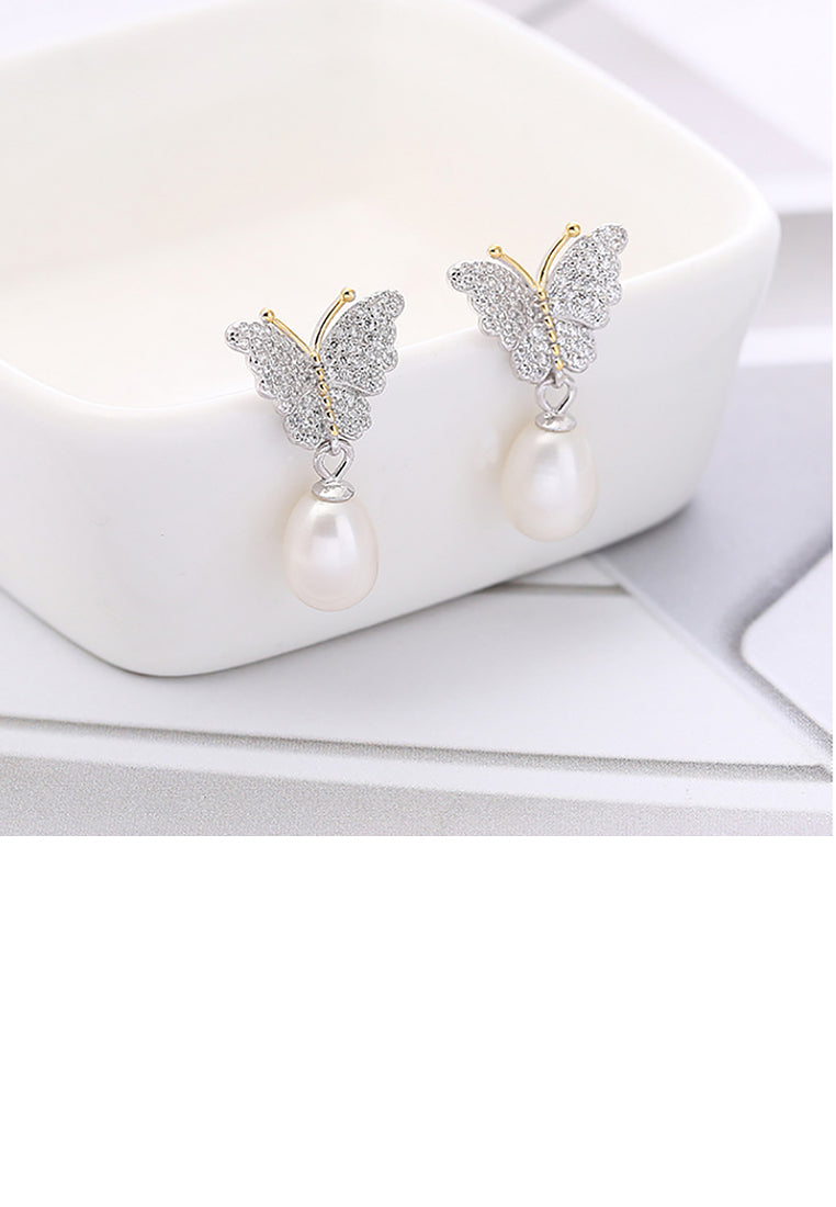 925 Sterling Silver Fashion and Elegant Butterfly Freshwater Pearl Stud Earrings with Cubic Zirconia - Luxurious Look