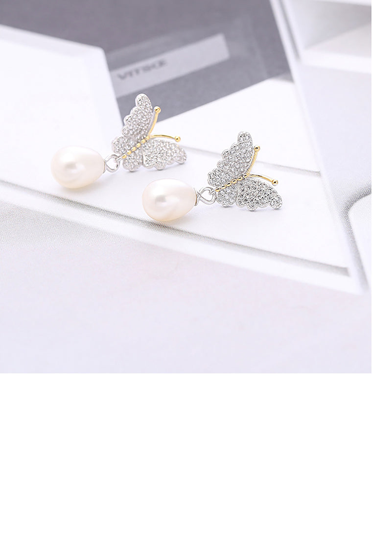 925 Sterling Silver Fashion and Elegant Butterfly Freshwater Pearl Stud Earrings with Cubic Zirconia - Luxurious Look