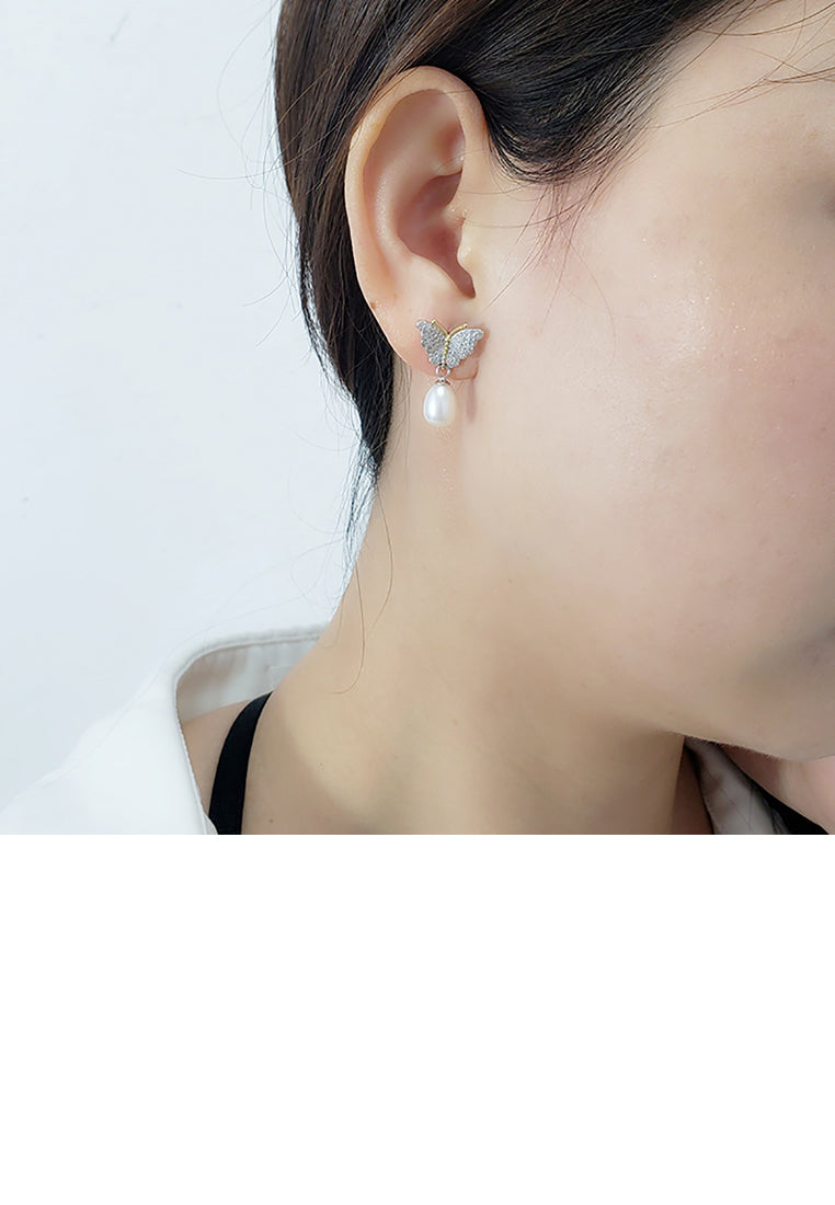 925 Sterling Silver Fashion and Elegant Butterfly Freshwater Pearl Stud Earrings with Cubic Zirconia - Luxurious Look