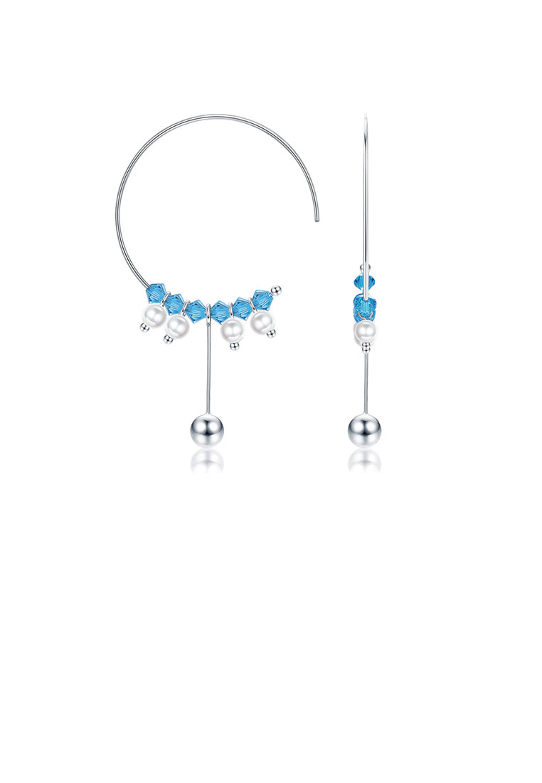 925 Sterling Silver Simple Geometric Circle Tassel Earrings with Light Blue Austrian Element Crystal