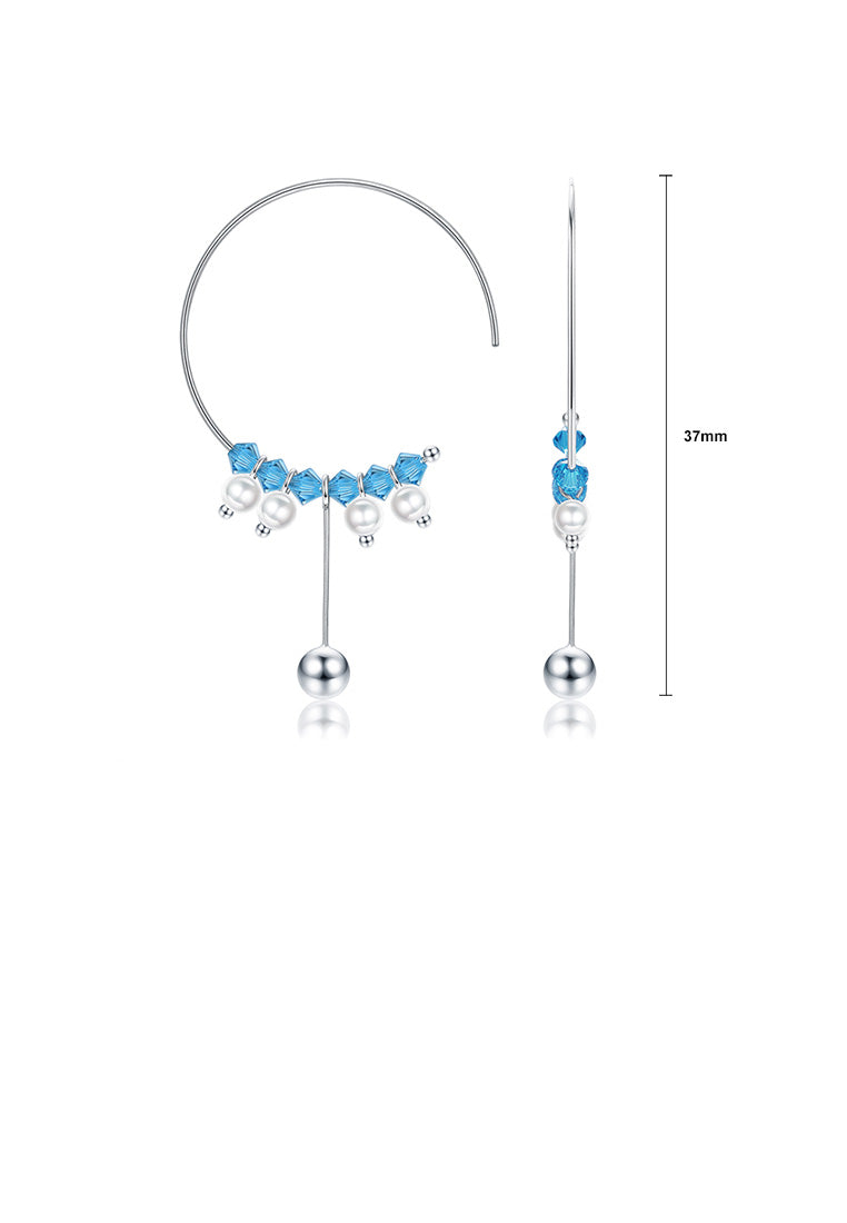 925 Sterling Silver Simple Geometric Circle Tassel Earrings with Light Blue Austrian Element Crystal