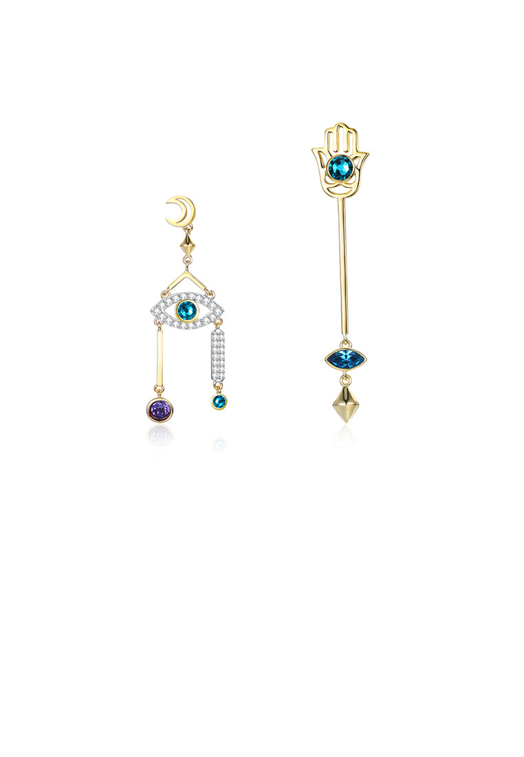 925 Sterling Silver Fashion Devil's Eye and Lucky Hand Asymmetric Earrings with Austrian Element Crystal